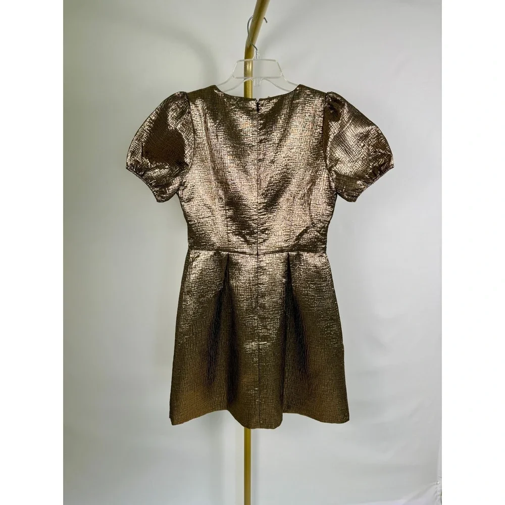 LOFT Metallic Jacquard V-Neck Puff Sleeve Mini Flare Dress Women's Size 2 Gold‎